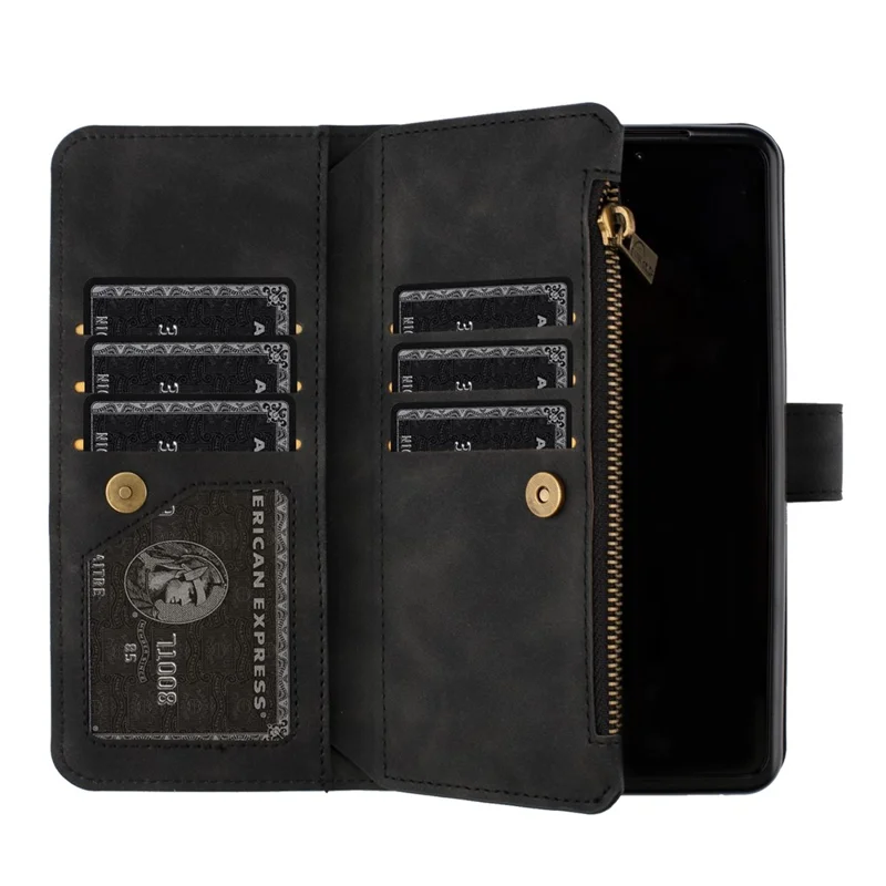 BINFEN COLOR Para Samsung Galaxy Z Fold6 5G Funda Bolsillo Cremallera Cartera Cuero Funda Teléfono - Negro