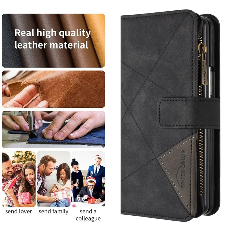 BINFEN COLOR Para Samsung Galaxy Z Fold6 5G Funda Bolsillo Cremallera Cartera Cuero Funda Teléfono - Negro