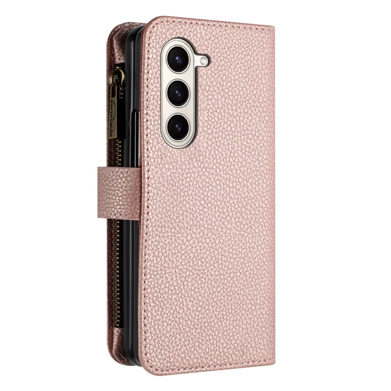 BINFEN COLOR Für Samsung Galaxy Z Fold6 5G Hülle PU-Leder Litchi-Textur Reißverschluss Handyhülle - Roségold
