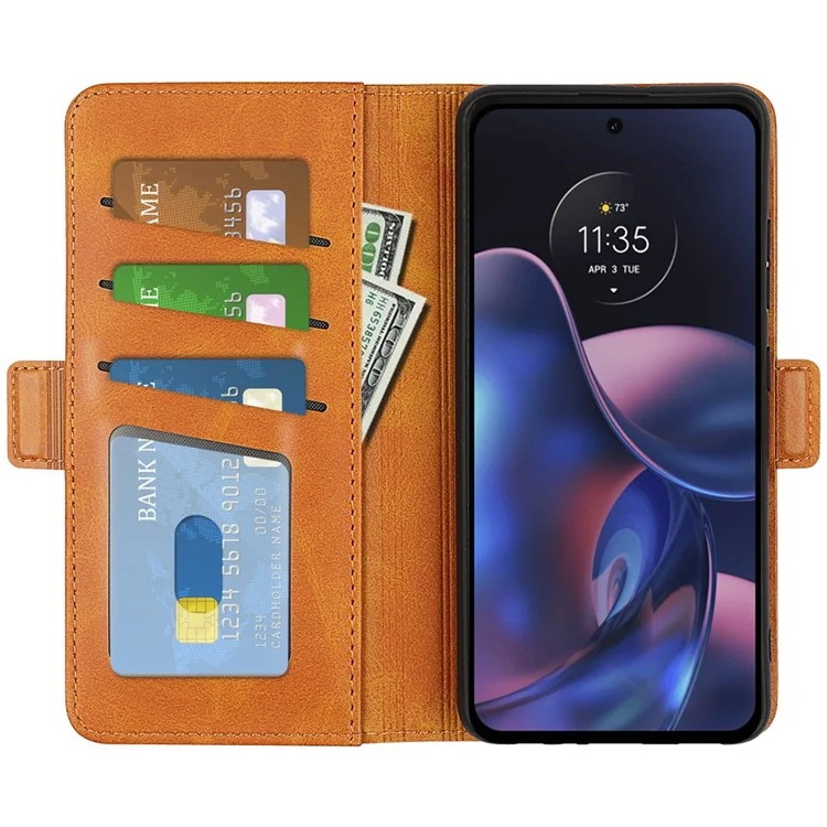 For Motorola Edge (2022) 5G Stand Wallet Phone Case Textured PU Leather Dual Magnetic Clasp Folio Flip Cover - Yellow
