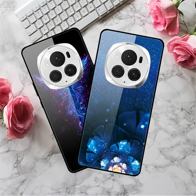 Per Honor Magic6 Pro 5G Custodia Sottile Stampa Pattern PC+Vetro Temperato+TPU Custodia per Telefono - Fenice Blu 