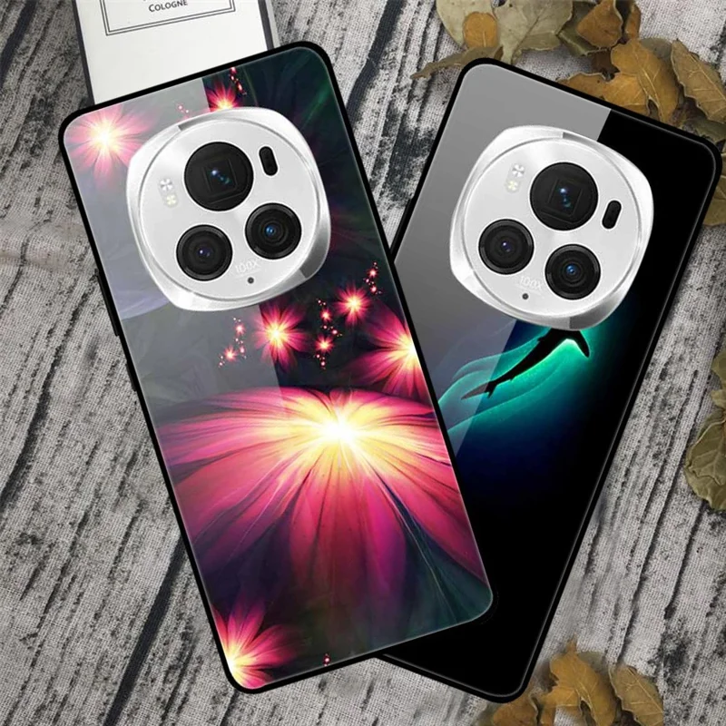 Per Honor Magic6 Pro 5G Custodia Sottile Stampa Pattern PC+Vetro Temperato+TPU Custodia per Telefono - Fenice Blu 