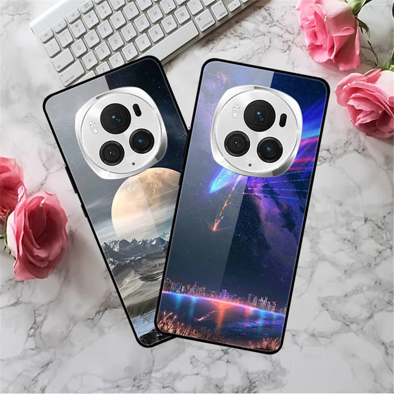 For Honor Magic6 Pro 5G-Gehäuse Musteraufdruck PC+Gehärtetes Glas+TPU Slim Phone Cover - Blumen Berg