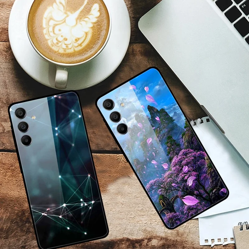 For Samsung Galaxy A15 4G / 5G Case Pattern Design Protective Tempered Glass Phone Cover - White Planet