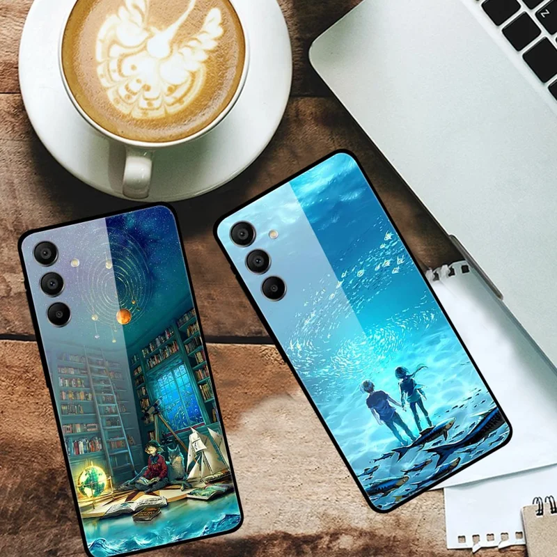 For Samsung Galaxy A15 4G / 5G Case Anti-Drop Pattern Tempered Glass Phone Cover - Cloud Bird