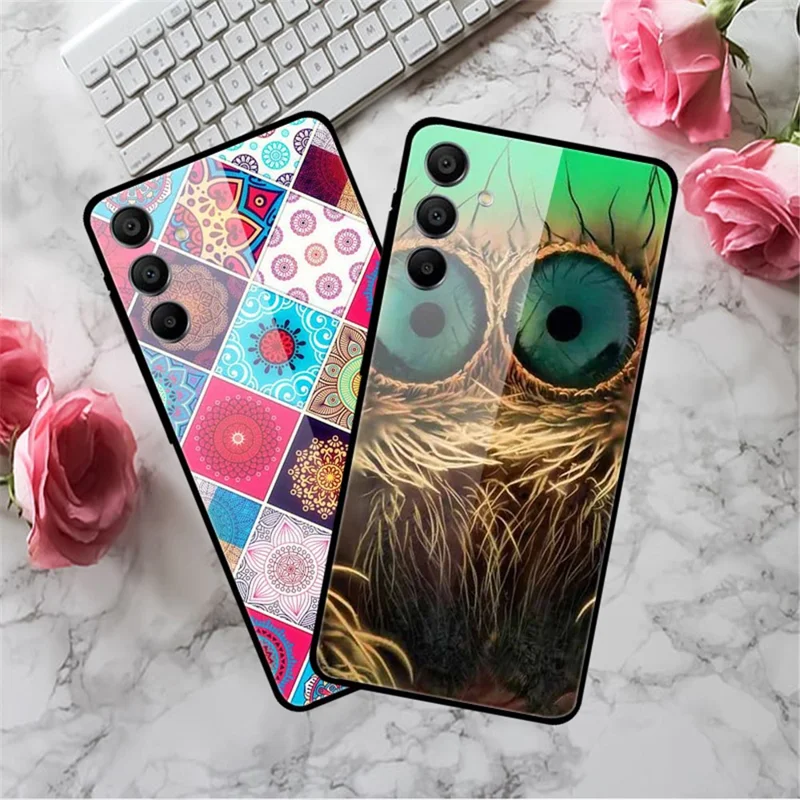 For Samsung Galaxy A15 4G / 5G Case Anti-Drop Pattern Tempered Glass Phone Cover - Cloud Bird