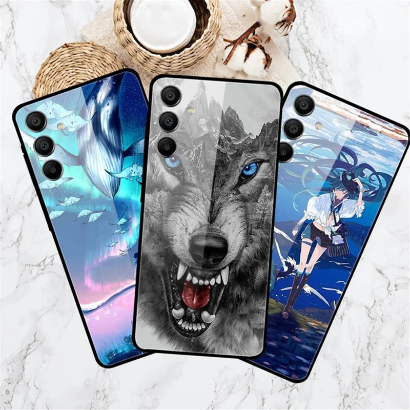 For Samsung Galaxy A15 4G / 5G Case Anti-Drop Pattern Tempered Glass Phone Cover - Cloud Bird