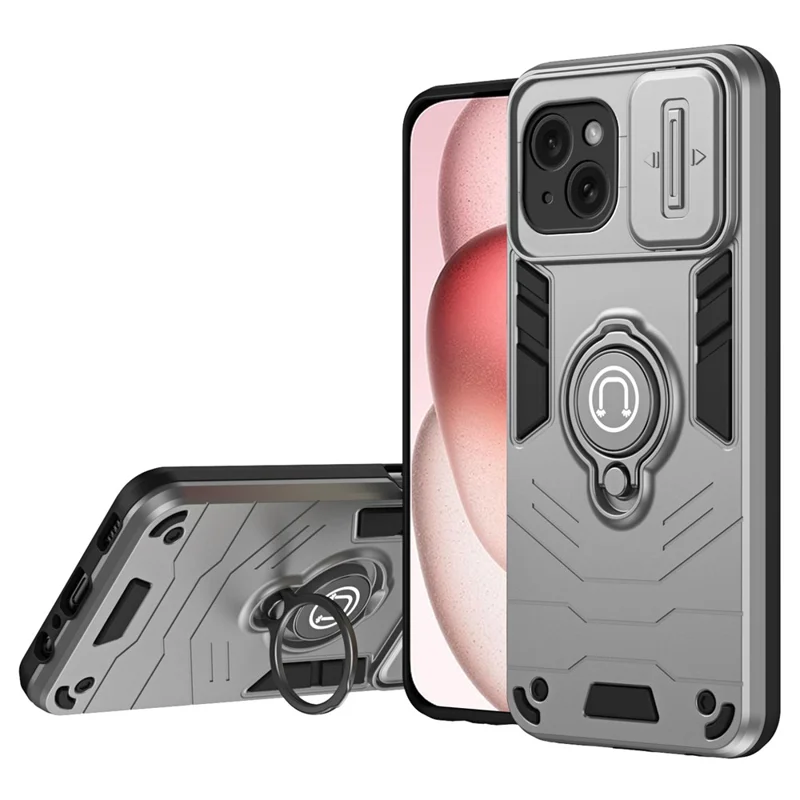 For iPhone 15 Case Ring Kickstand PC+TPU Phone Cover with Slide Lens Lid - Grey