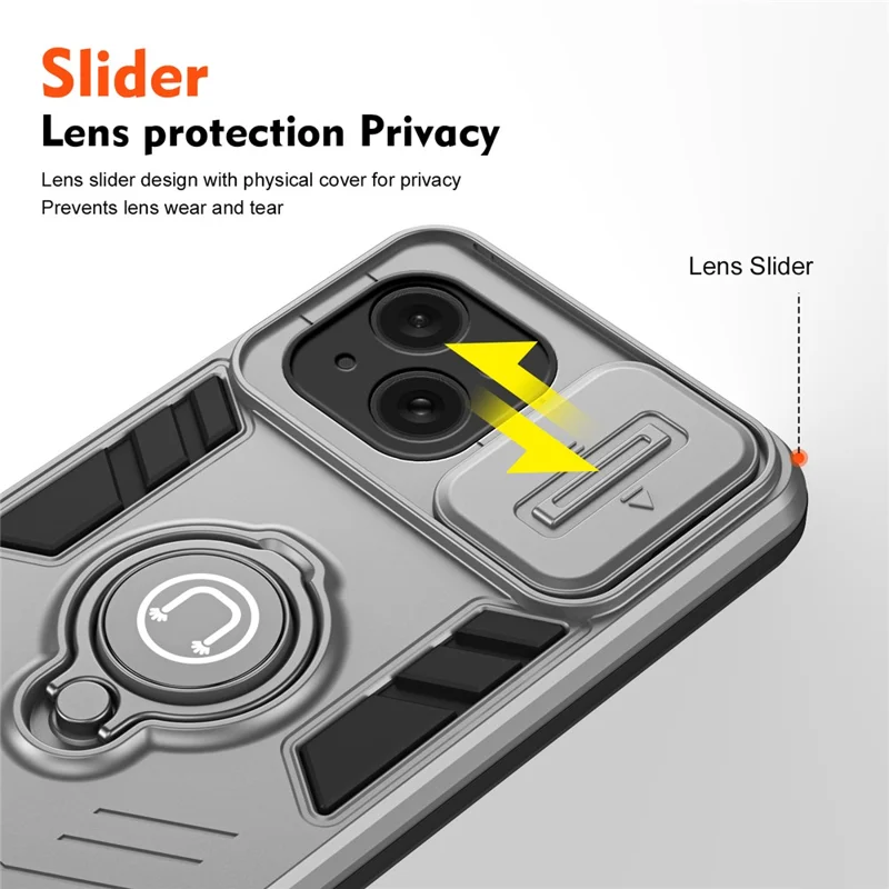 For iPhone 15 Case Ring Kickstand PC+TPU Phone Cover with Slide Lens Lid - Grey