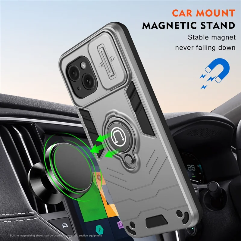 For iPhone 15 Case Ring Kickstand PC+TPU Phone Cover with Slide Lens Lid - Grey