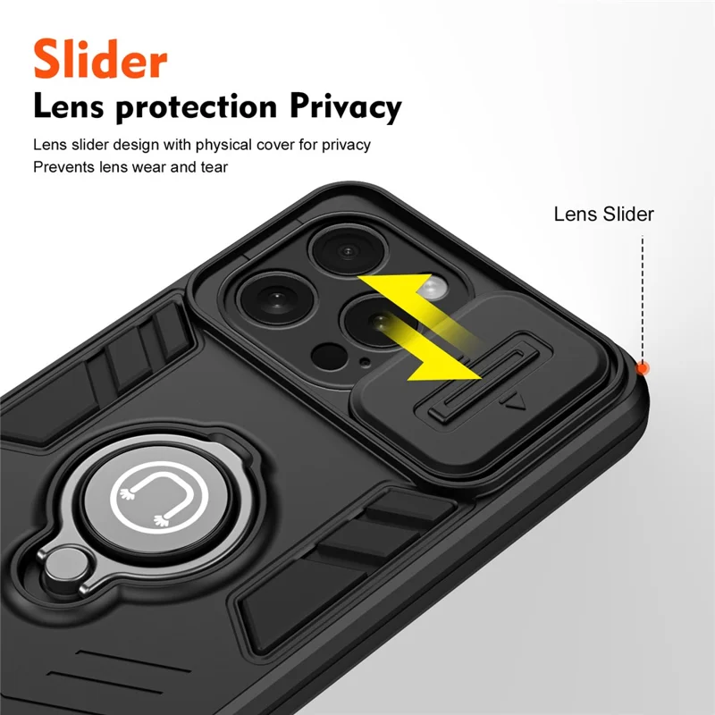 For iPhone 15 Pro Case with Slide Camera Cover PC+TPU Phone Protector Ring Holder - Black