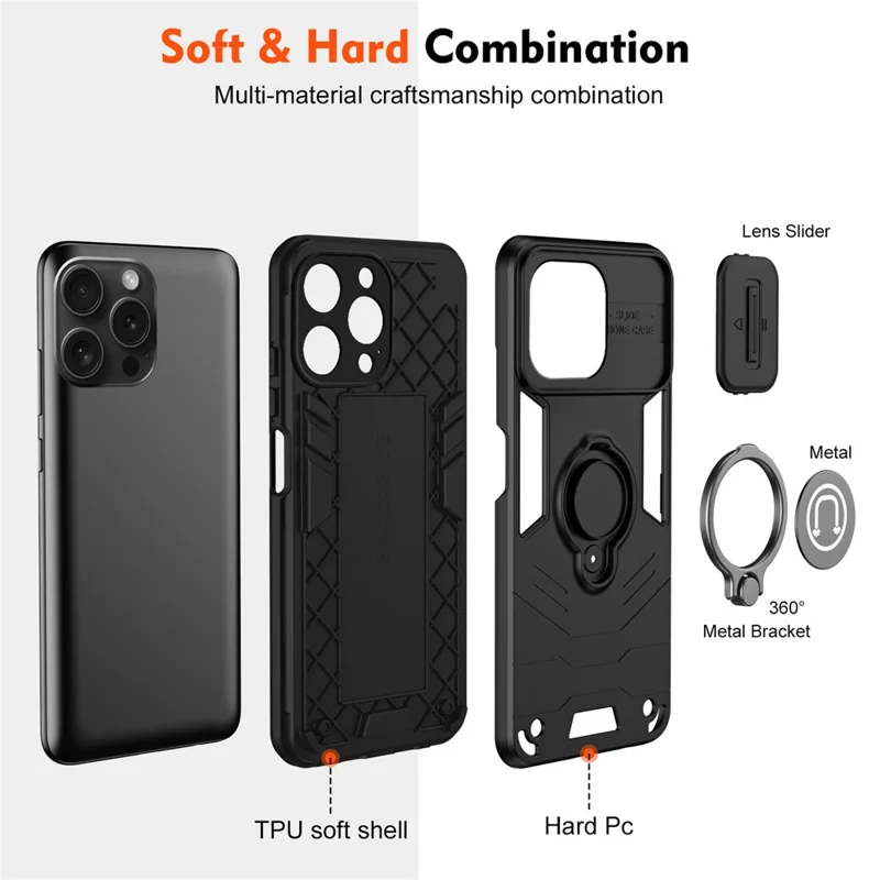 For iPhone 15 Pro Case with Slide Camera Cover PC+TPU Phone Protector Ring Holder - Black