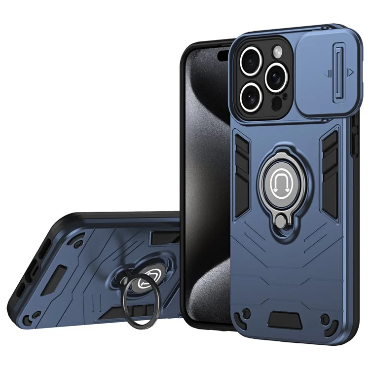 Per iPhone 15 Pro Max Cover PC+TPU Ring Kickstand Cover del telefono con copertura scorrevole per obiettivo - Blu