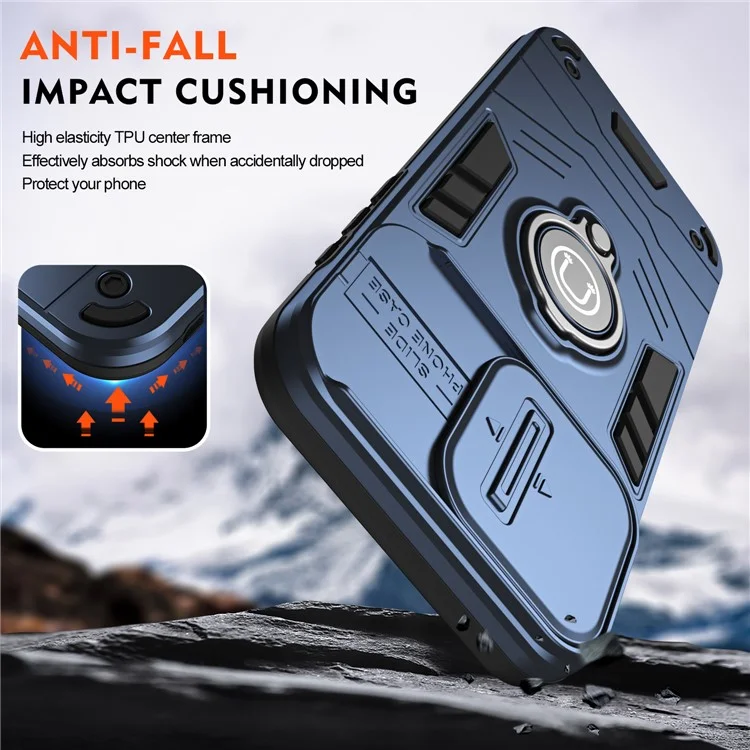 Per iPhone 15 Pro Max Cover PC+TPU Ring Kickstand Cover del telefono con copertura scorrevole per obiettivo - Blu