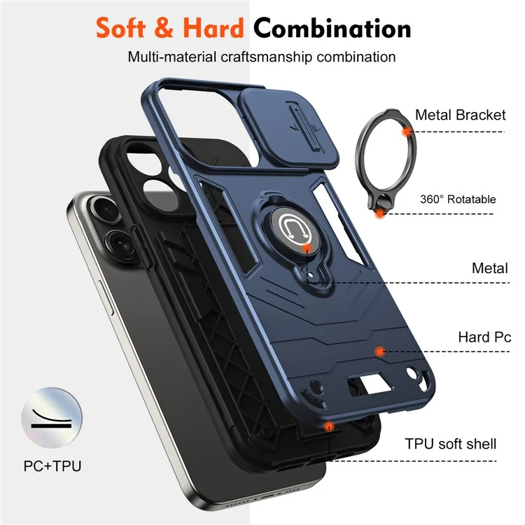 Per iPhone 15 Pro Max Cover PC+TPU Ring Kickstand Cover del telefono con copertura scorrevole per obiettivo - Blu