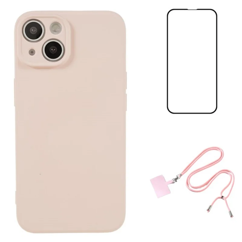 WANLONFENG RB1 Series For iPhone 15 Plus Cases TPU Slim Phone Case with Screen Film, Lanyard - Pink