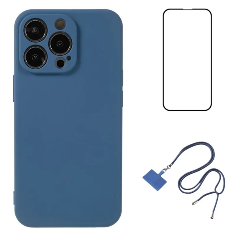 WANLONFENG RB1 Series For iPhone 14 Pro Slim Case Soft TPU Phone Case with Screen Film, Lanyard - Sapphire
