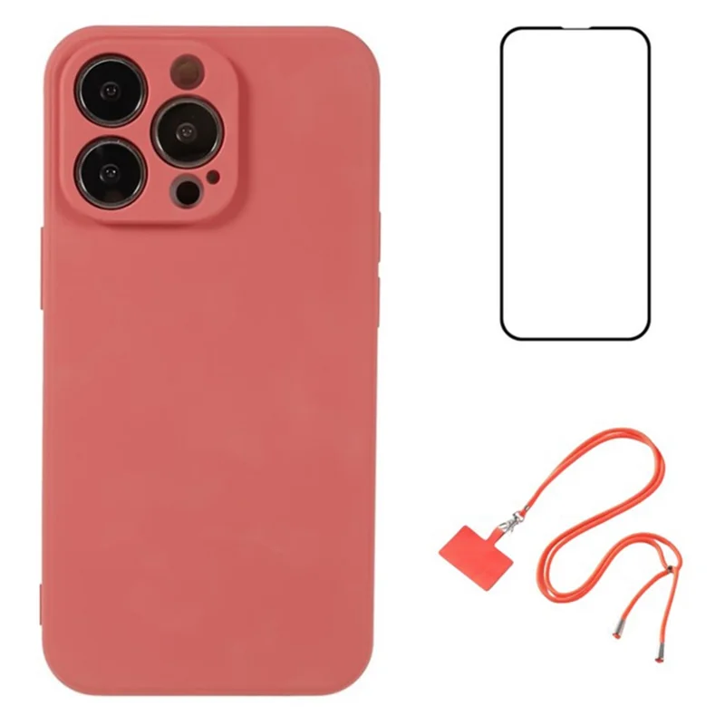 WANLONFENG RB1 Series For iPhone 14 Pro Slim Case Soft TPU Phone Case with Screen Film, Lanyard - Hawthorn Red