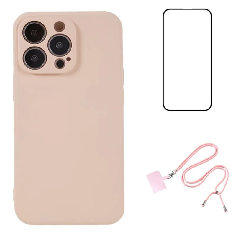 WANLONFENG RB1 Series For iPhone 14 Pro Slim Case Soft TPU Phone Case with Screen Film, Lanyard - Pink