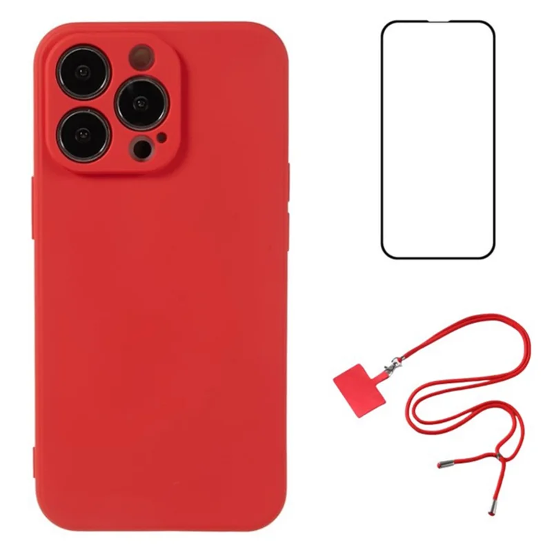 WANLONFENG RB1 Series For iPhone 14 Pro Slim Case Soft TPU Phone Case with Screen Film, Lanyard - Red