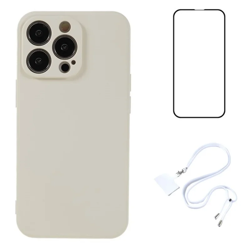 WANLONFENG RB1 Series For iPhone 14 Pro Slim Case Soft TPU Phone Case with Screen Film, Lanyard - White