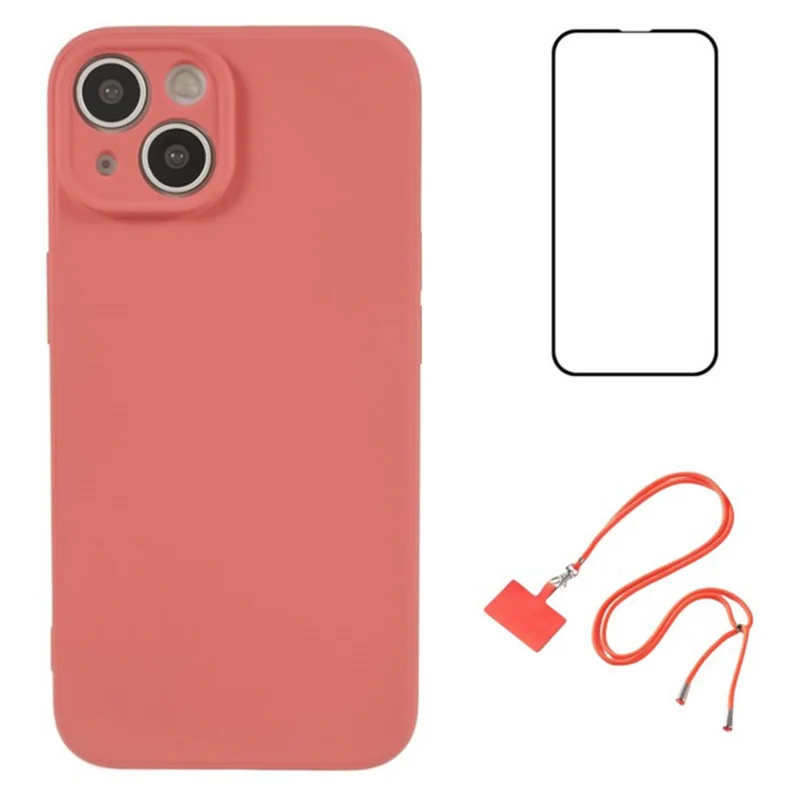 WANLONFENG RB1 Series For iPhone 14 Plus TPU Case Shockproof Phone Shell with Screen Film, Lanyard - Hawthorn Red