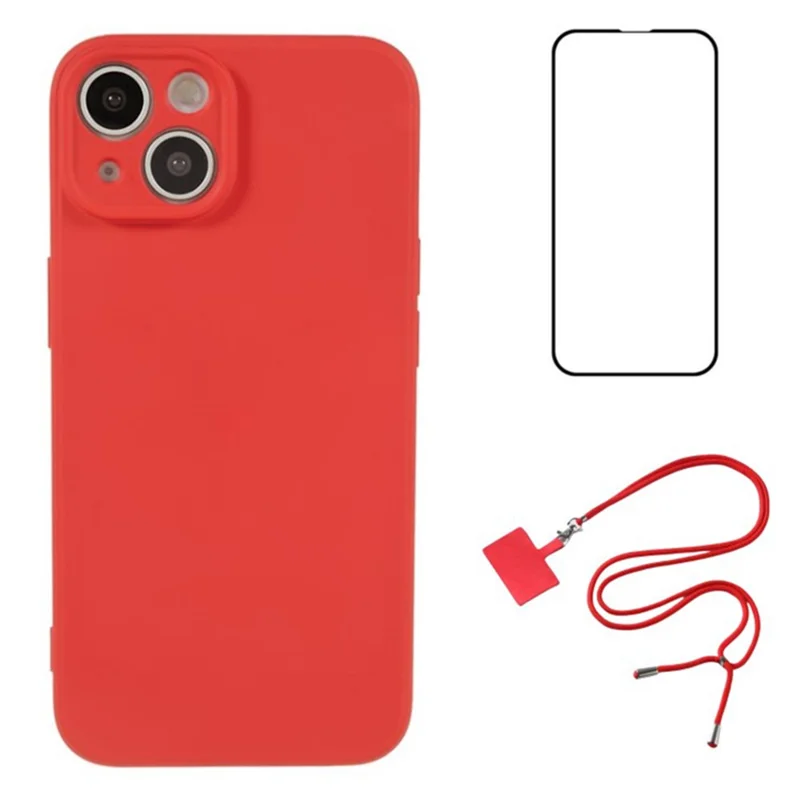 WANLONFENG Série RB1 pour iPhone 14 Plus Coque TPU Antichoc Étui de téléphone avec Film d'écran, Cordon - Rouge 