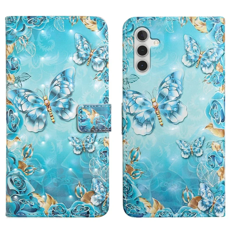 Per Samsung Galaxy A35 5G Pattern Printing Phone Case PU Leather Stand Cover - Blue Gold Butterfly