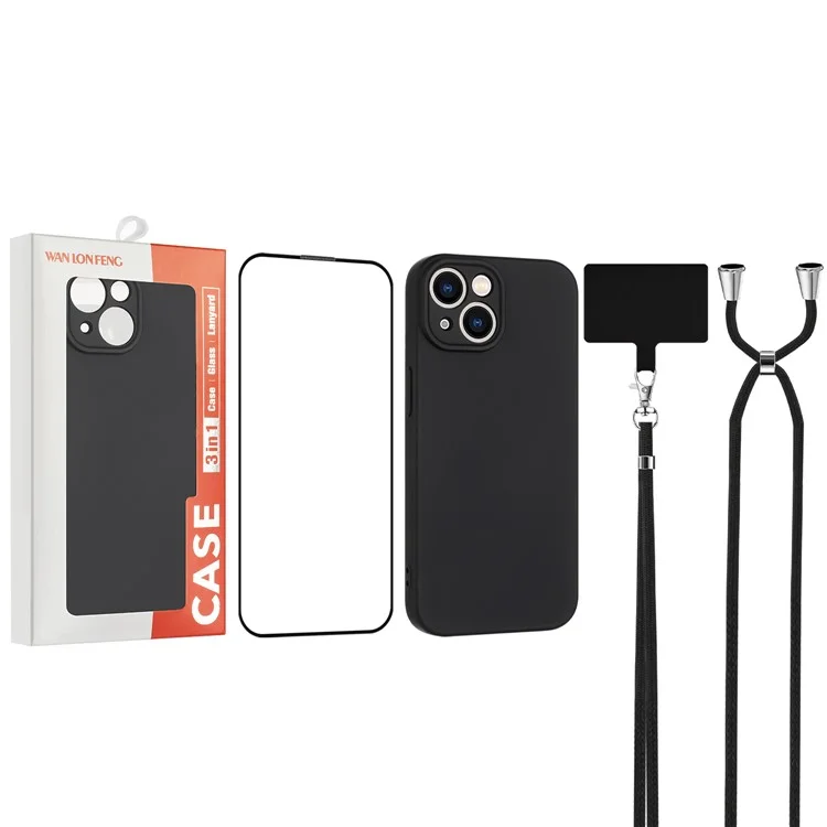 WANLONFENG RB1 Series per iPhone 13 TPU Case+Screen Film+Lanyard Set 3-in-1 - Nero