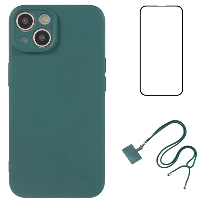 WANLONFENG RB1 Series Per iPhone 14 Slim Case Soft TPU Phone Shell con Screen Film, Cordino - Verde Militare