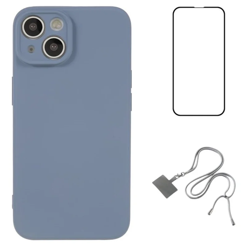 WANLONFENG RB1 Series For iPhone 14 Slim Case Soft TPU Phone Shell with Screen Film, Lanyard - Lavender Grey