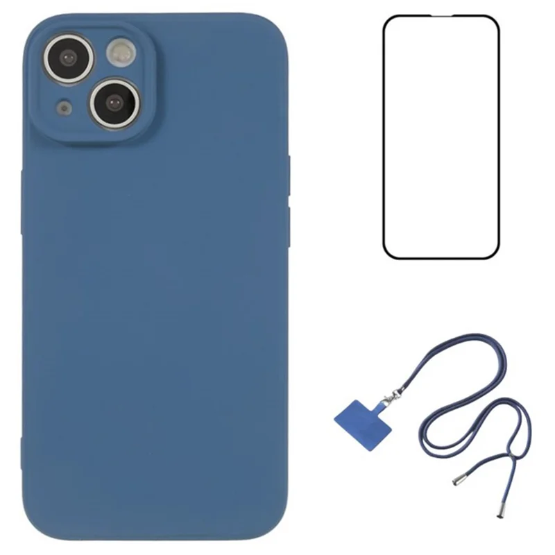 WANLONFENG RB1 Série Pour iPhone 14 Étui Slim en Caoutchouc Souple Coque de Téléphone avec Film de Protection d'Écran, Cordon - Saphir
