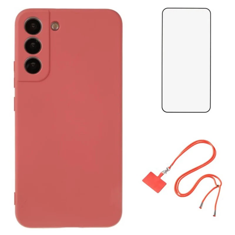 WANLONFENG RB1 Series For Samsung Galaxy S21 FE 5G TPU Case with Screen Protector+Lanyard - Hawthorn Red