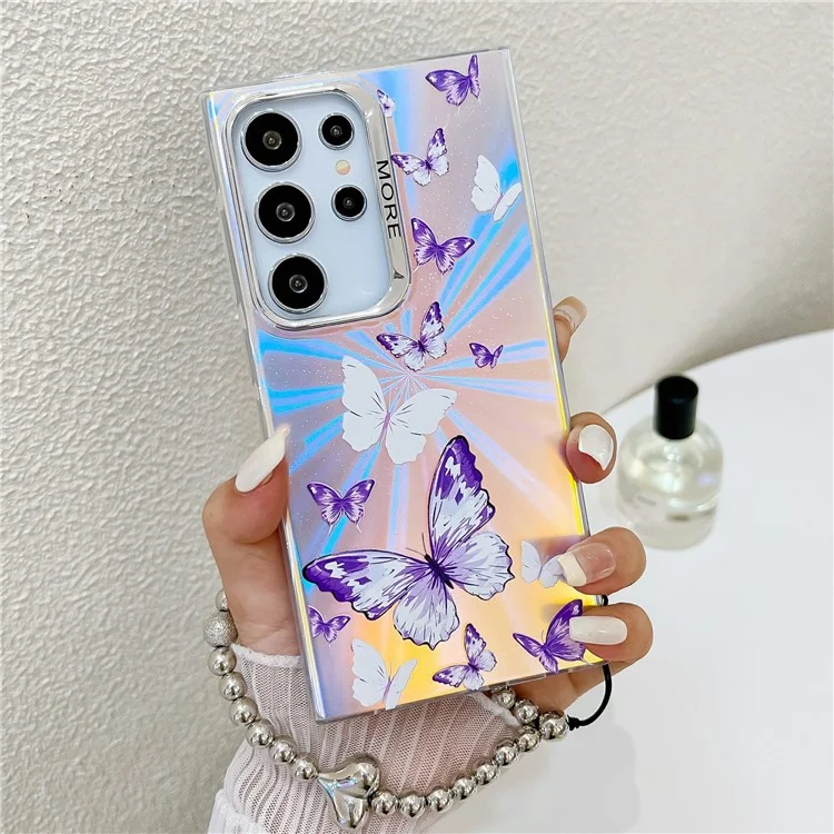Per Samsung Galaxy S24 Ultra Phone Case Electroplated Laser Butterfly Pattern PC+TPU Cover con Beaded Bracelet - AB6