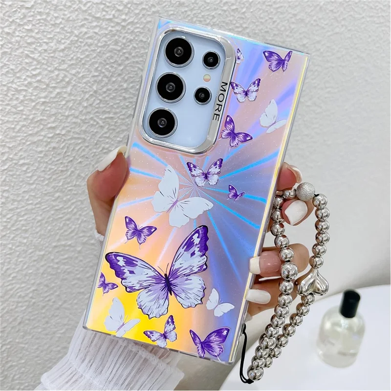 Per Samsung Galaxy S24 Ultra Phone Case Electroplated Laser Butterfly Pattern PC+TPU Cover con Beaded Bracelet - AB6