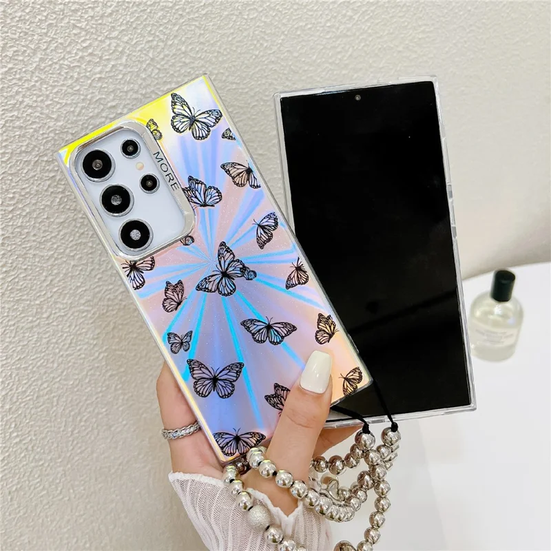 Per Samsung Galaxy S24 Ultra Phone Case Electroplated Laser Butterfly Pattern PC+TPU Cover con Beaded Bracelet - AB6