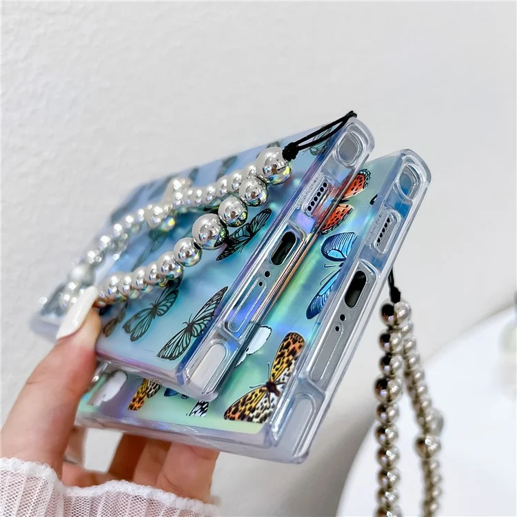 Per Samsung Galaxy S24 Ultra Phone Case Electroplated Laser Butterfly Pattern PC+TPU Cover con Beaded Bracelet - AB6