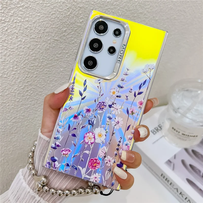 Para Samsung Galaxy S24 Ultra Case TPU+PC Flower Pattern Laser Texture Phone Cover with Beaded Bracelet - AH1