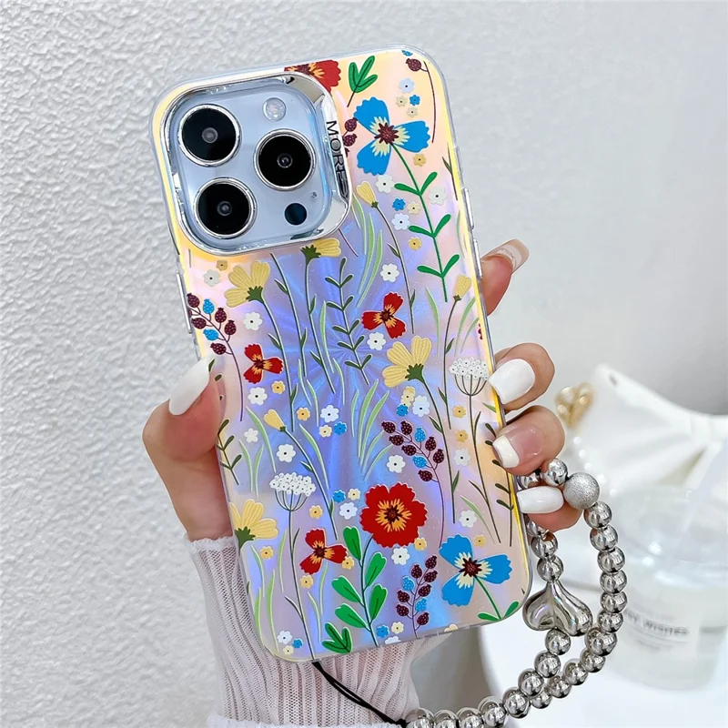 For iPhone 15 Pro Max Case Flower Pattern Laser Texture TPU+PC Phone Cover with Beaded Bracelet - AH6