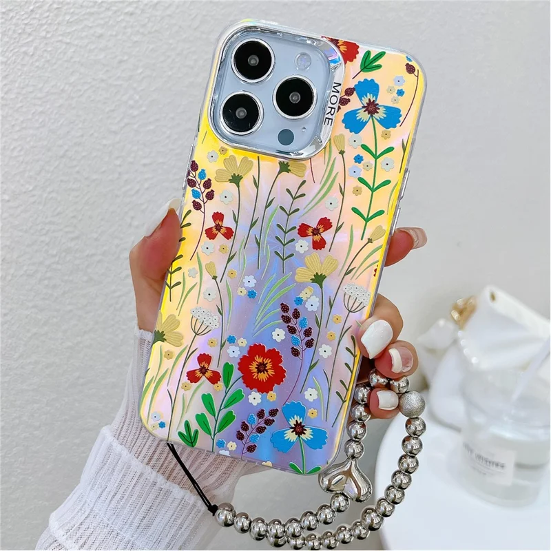 For iPhone 15 Pro Max Case Flower Pattern Laser Texture TPU+PC Phone Cover with Beaded Bracelet - AH6