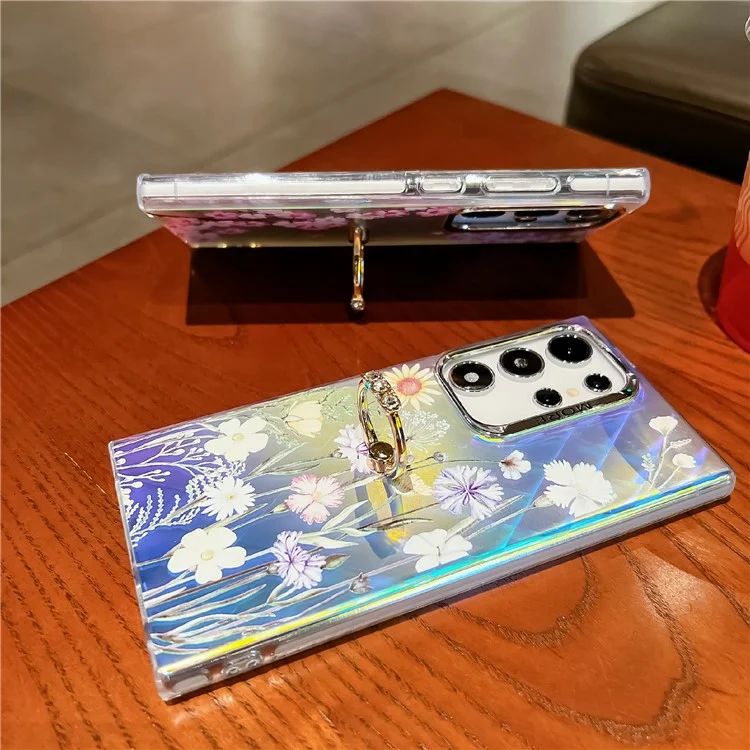 Per Samsung Galaxy S24 Ultra Ring Kickstand Case Electroplated Laser Flower Pattern PC+TPU Phone Cover - AH1
