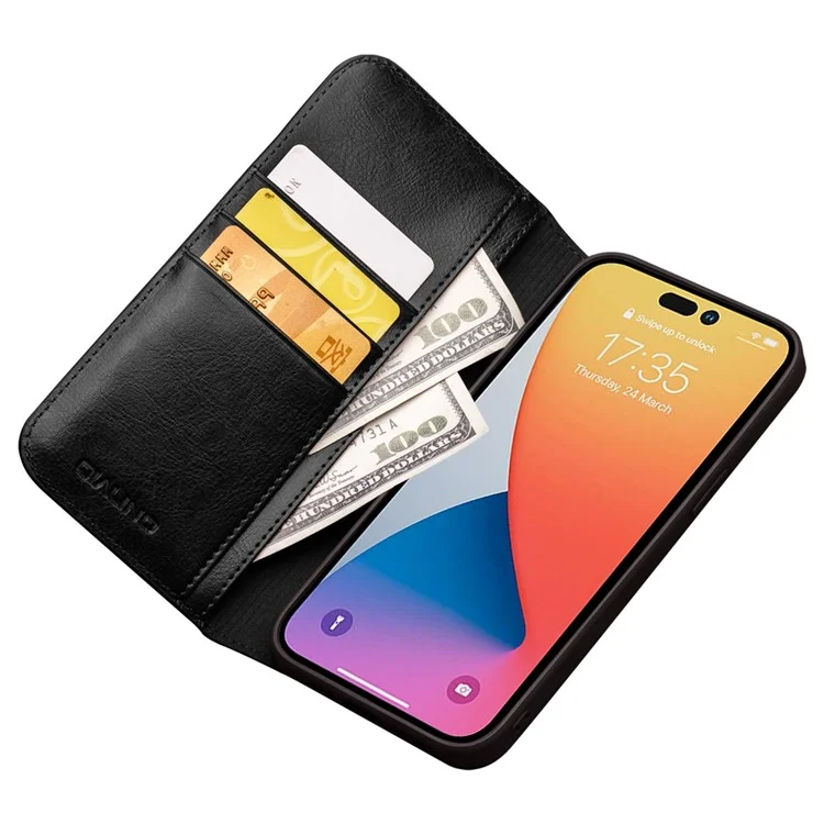 QIALINO Für iPhone 14 Pro Max 6,7 Zoll Flip Wallet Case Stand Drop-proof Echtleder Handyhülle - Schwarz