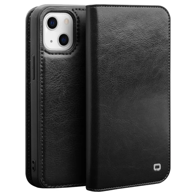 QIALINO для iPhone 14 Plus Fully Protection Phone Flip Wallet Case Stand Drop-proof Genuine Leather Phone Cover - Чёрный