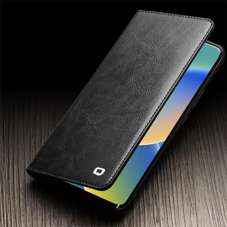 QIALINO для iPhone 14 Plus Fully Protection Phone Flip Wallet Case Stand Drop-proof Genuine Leather Phone Cover - Чёрный
