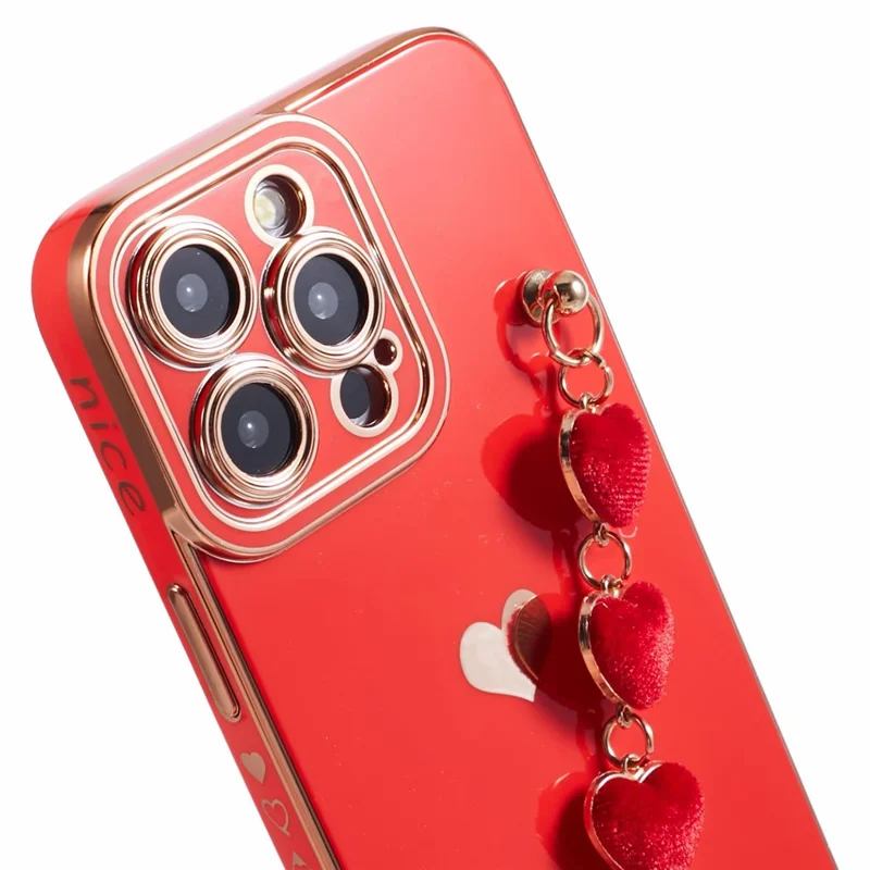 For iPhone 13 Pro Case Electroplating Edge Heart Pattern TPU Phone Cover with Strap - Red