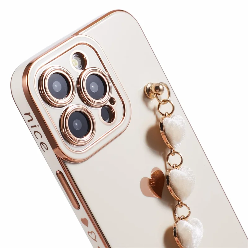 For iPhone 13 Pro Case Electroplating Edge Heart Pattern TPU Phone Cover with Strap - White