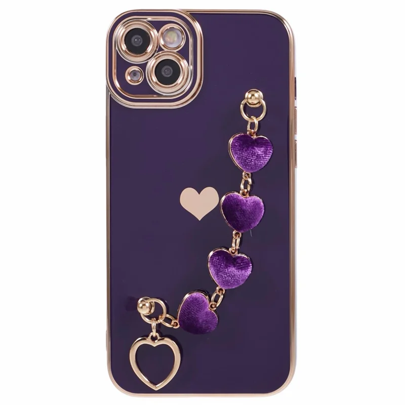 For iPhone 14 Plus Case Electroplating Love Hearts TPU Phone Cover with Chain - Dark Purple