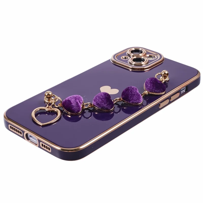 For iPhone 14 Plus Case Electroplating Love Hearts TPU Phone Cover with Chain - Dark Purple