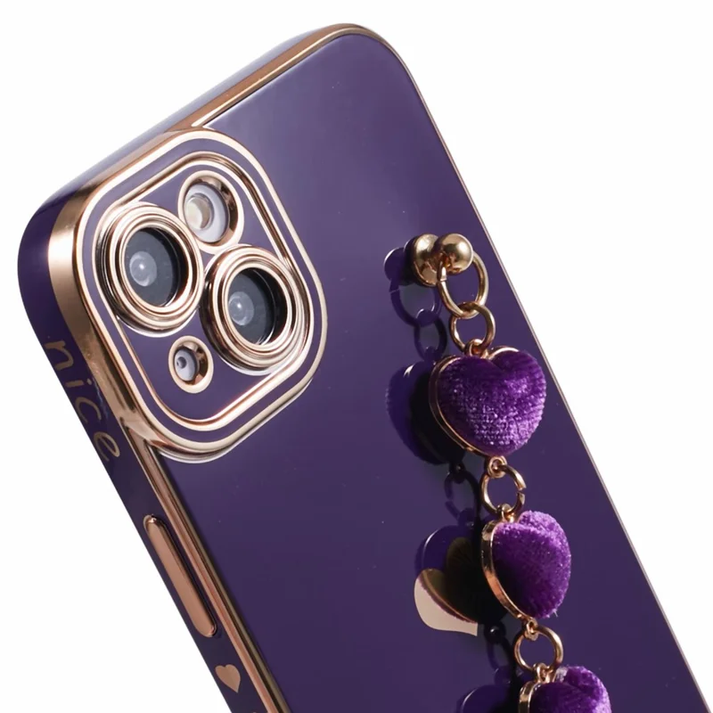 For iPhone 14 Plus Case Electroplating Love Hearts TPU Phone Cover with Chain - Dark Purple