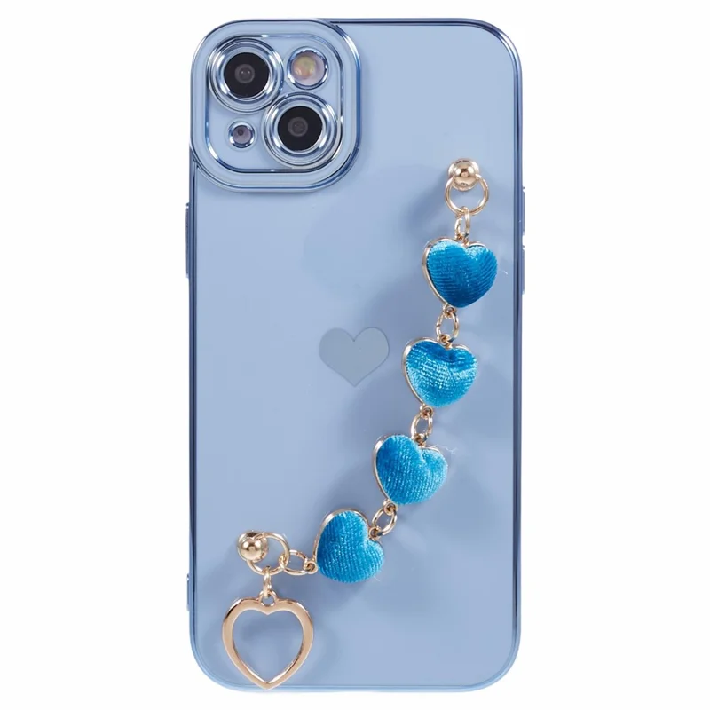 For iPhone 14 Plus Case Electroplating Love Hearts TPU Phone Cover with Chain - Baby Blue